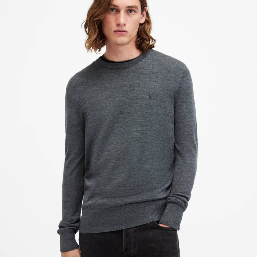 Allsaints Mode Merino Crew Neck Ramskull Sweater in Smith Blue M